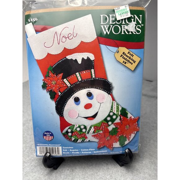 Design Works Poinsettia Snowman Felt Stocking Kit 18" Beads/Floss/Needle/Pattern - Picture 11 of 12
